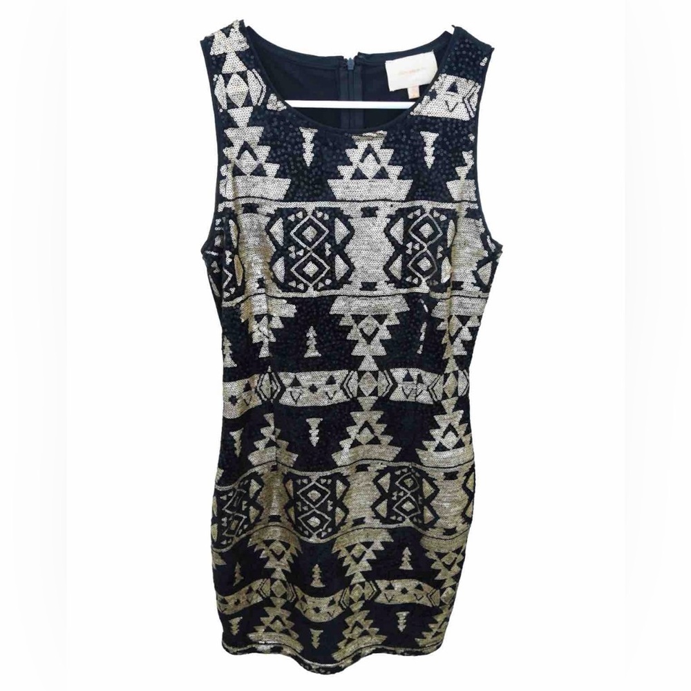 SKIES ARE BLUE Cocktail Little Black Dress Gold Sequin Sleeveless Size Small